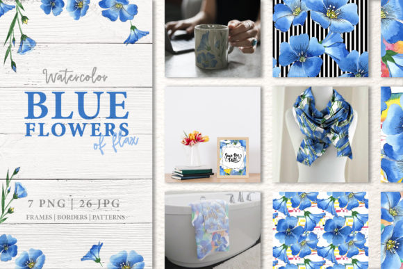 Blue Flowers of Flax Watercolor Illustrations