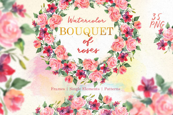 Bouquet with Watercolor Agate Roses Illustrations