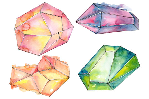 Crystals Orange and Green Watercolor Illustrations