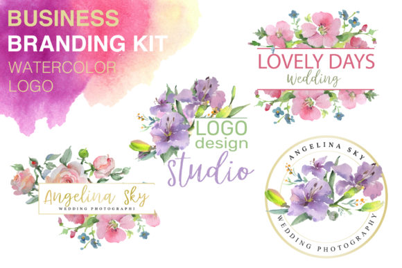 Logo Pink and Purple Hibiscus Watercolor Illustrations