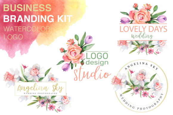 Logo with Roses and Narcissus Watercolor Illustrations