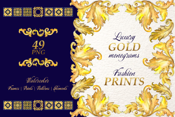 Luxury Gold Monograms - Fashion Prints Watercolor Illustrations