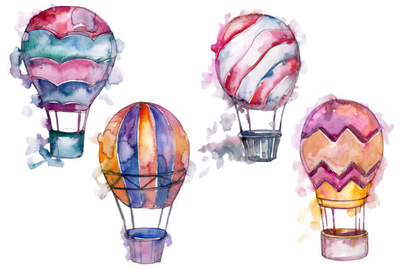 Watercolor Pink Hot Air Balloon Set Illustrations